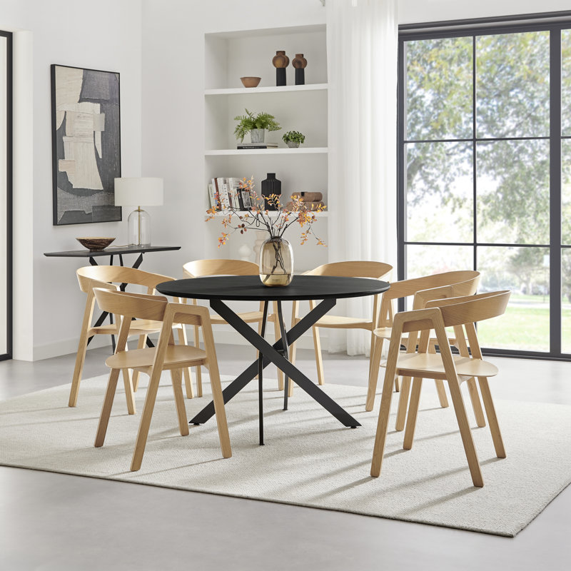 Hadlow Veneer & Metal Round Dining Table With Arvey Oak Veneer Chairs - Modern Statement Design, 6, Black