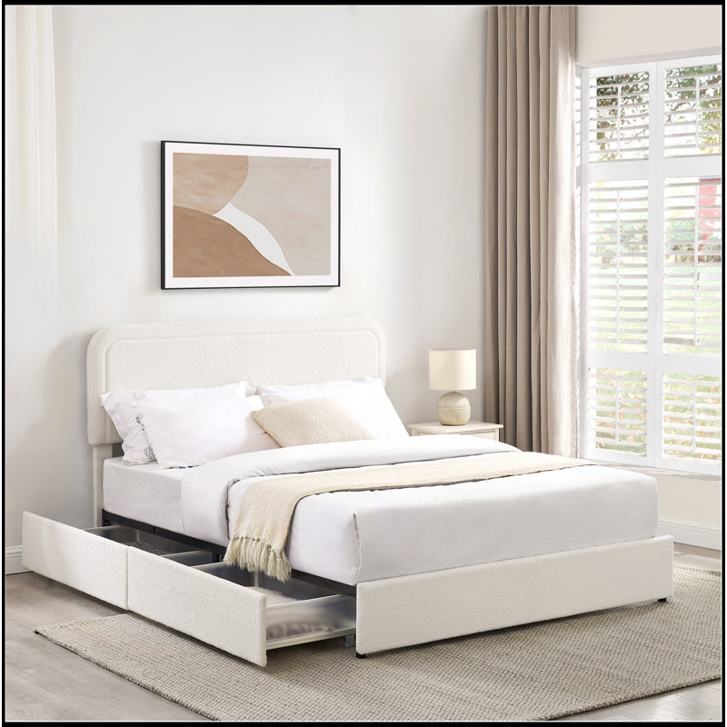 Grand lit plateforme tapissier Livcle Ivory Boucle