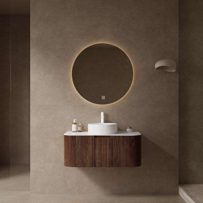 Dina 36" Striped Solid WoodBathroom Vanity With Sink, Modern Wall-mounted Floating Curved Edges Striped Bathroom Storage Cabinet With A Drawer, White Round Ceramic Basin Without Faucet, Pre-assembled, walnut wood grain color