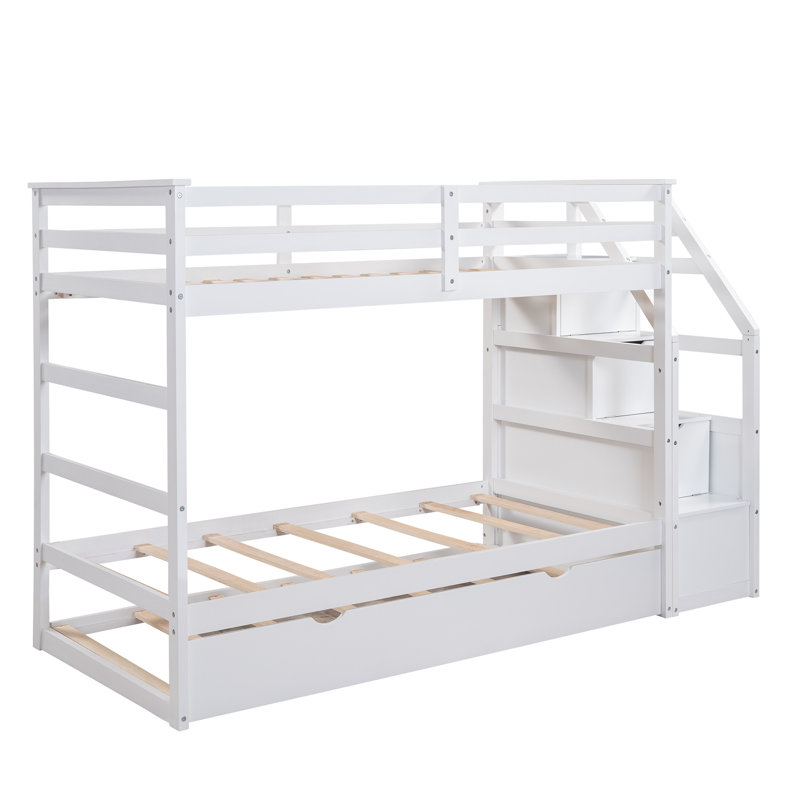 Twin-Over-Twin Bunk Bed With Twin Size Trundle And 3 Storage Stairs,Grey, Blanc