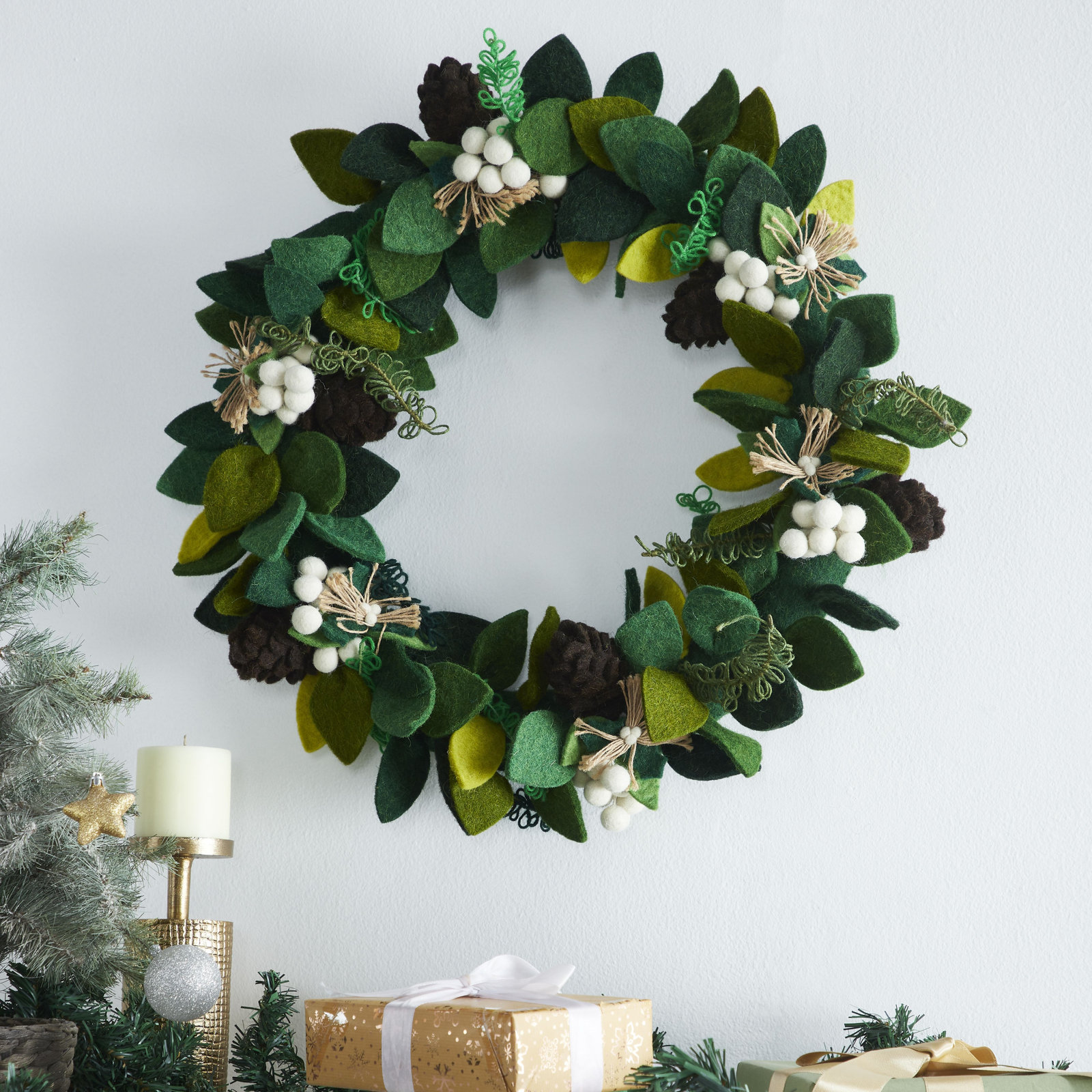 Hand Felted Wool Wreath with Cream Berries - 20"