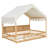 Full-Size Wooden House Bed with Fence, 3 Bookshelves, Curtain & LED Light – Cozy Floor Bed for Kids,Natural+Beige-990304645
