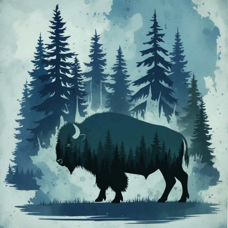 Édredon Bison In Forest Scene, Grand lit, Vert foncé / gris moyen