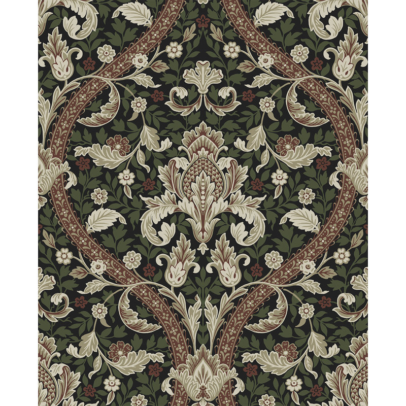 Papier peint adhésif Acanthus Ogee, Noir / Rouge