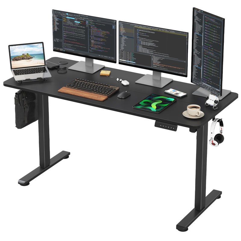 Electric Height Adjustable Home Office Standing Desk, Black, Black, 140cm W x 60cm D