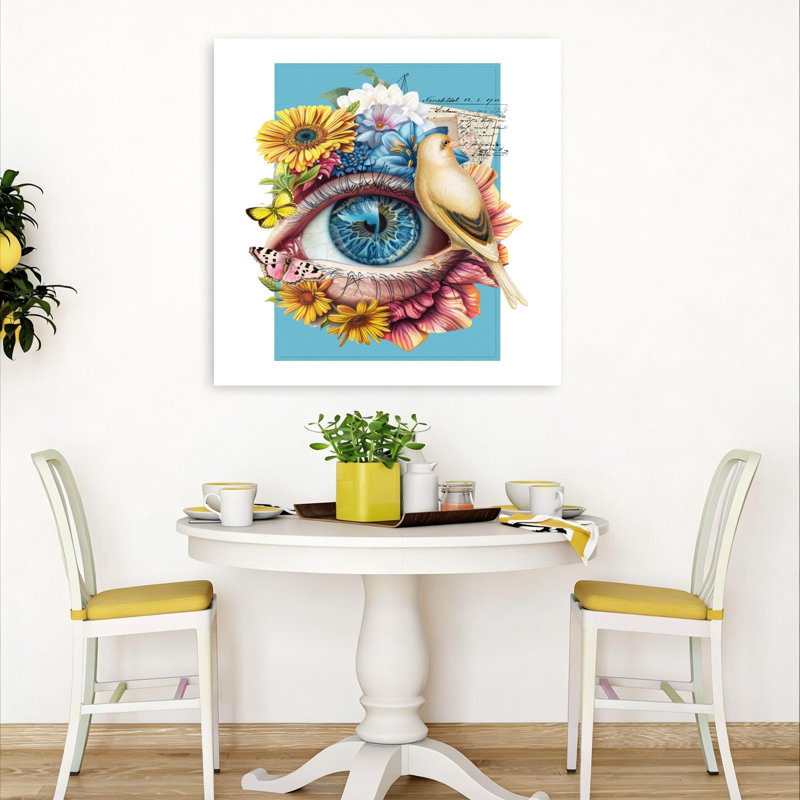«Whimsical Eye Floral Bird», 36" H x 36" W