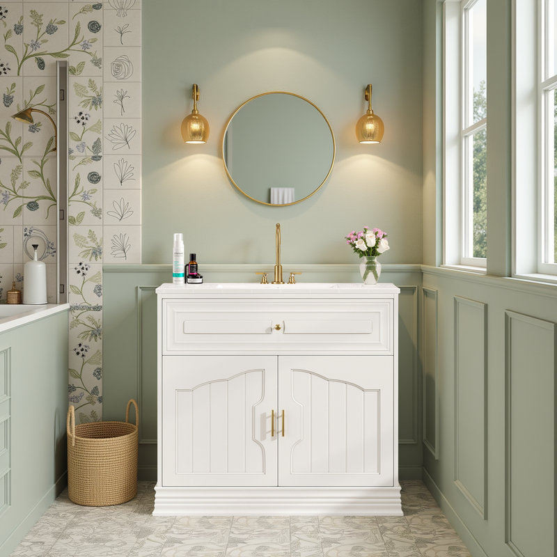 Meuble-lavabo 36 po avec lavabo en céramique, tablette réglable et portes à fermeture en douceur, White