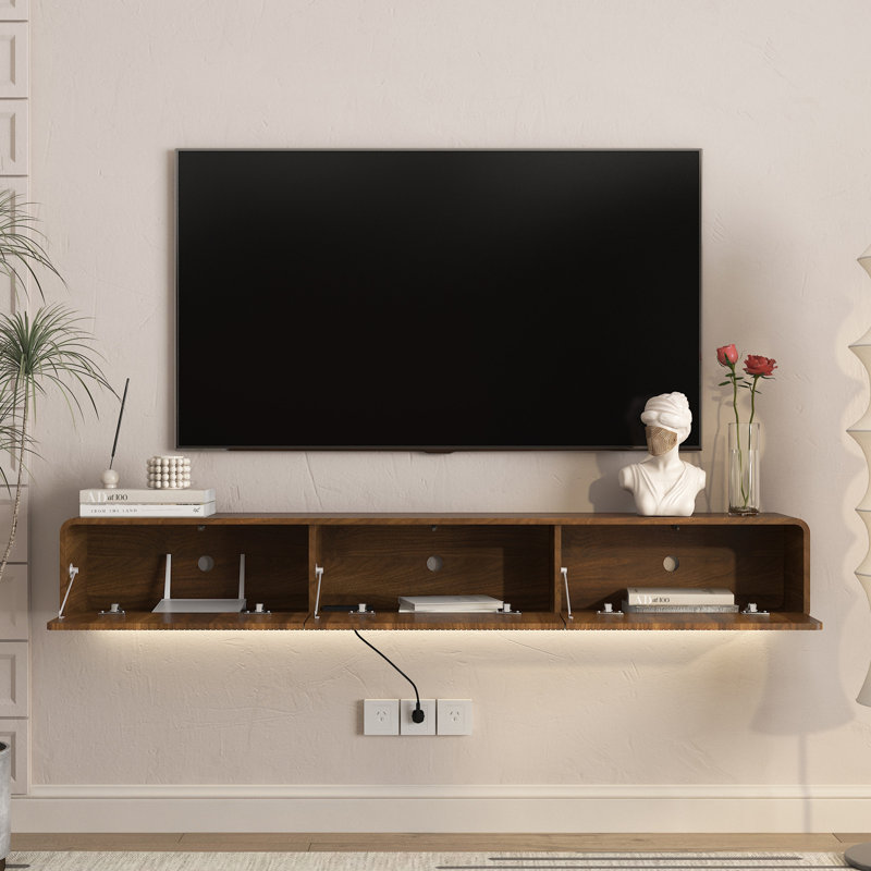 Meuble télé mural flottant avec lumière DEL, Brun