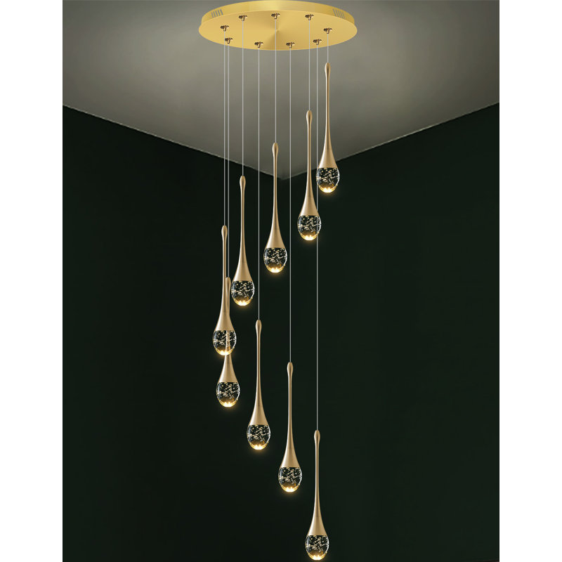 9-Lights Gold Crystal Bubble Staircase Chandeliers 100" High Ceiling Pendant Light Dimminable
