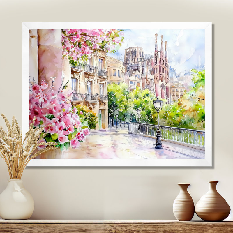 Décoration murale Barcelone en été I - Barcelone, H 24 po x l 32 po, Reproduction encadrée d'une seule photo sans pass, Blanc