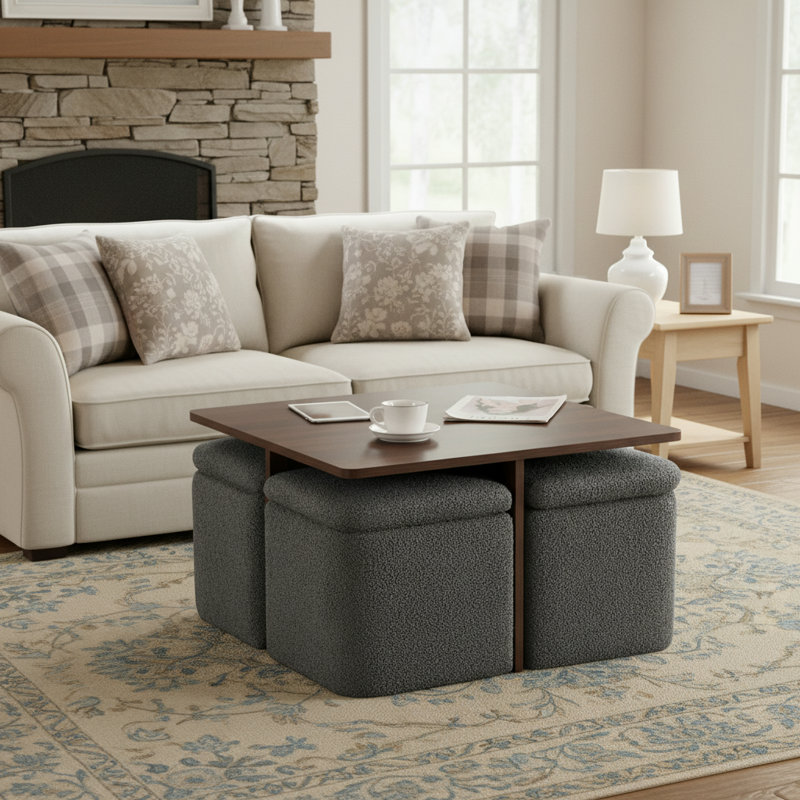 Table basse carrée avec 4 petits repose-pieds avec rangement, Gray