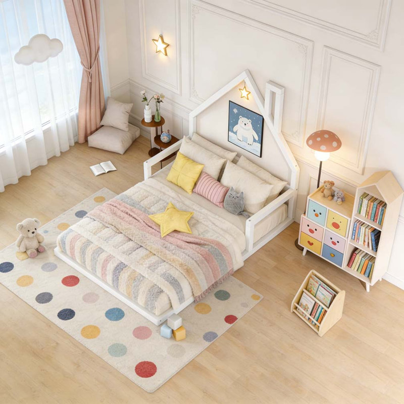 Lit double en bois avec tête de lit en forme de maison, Blanc