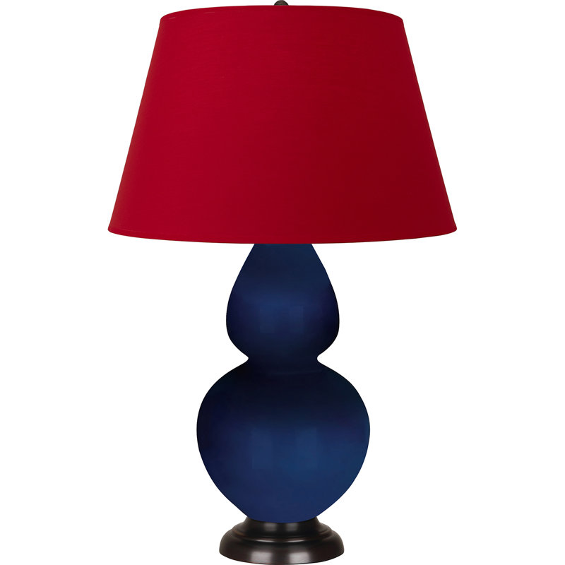 Lampe de table double gourde en céramique, Cobalt émaillé / bronze, Blanc cassé, Bronze