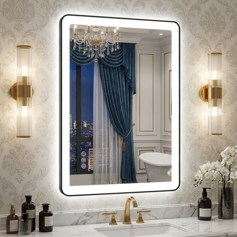 Lunara Independent Dual Backlit&Front Lights LED Wall Mirror, Rounded Corner Matte Black Metal Framed Bathroom Mirror with Tempered Glass