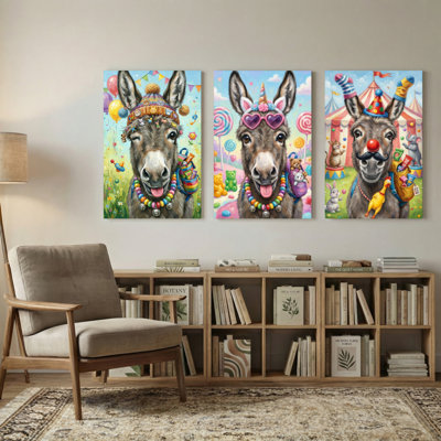 Animaux, ânes colorés avec cirque, ensemble de 3 impressions sur toile
