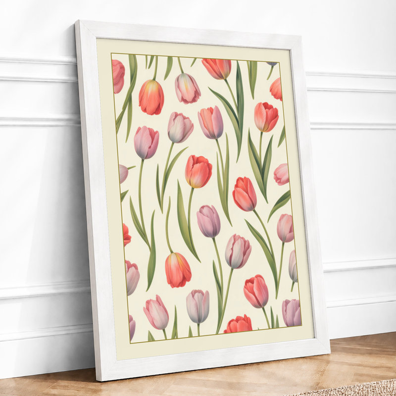 Scattered Tulip Garden Botanical - Framed Print, A3 - 42.0 x 29.7 cm, White