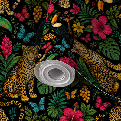 Peel and Stick Wallpaper Contact Paper Tropical Jungle Jaguars Toucan Butterflies Exotic Self Adhesive and Removable 17.7in x 118in(45x300cm)