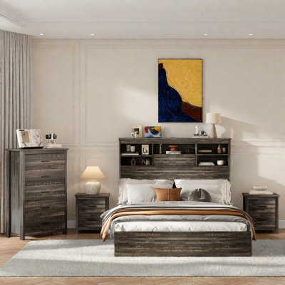 4Pcs Bedroom Set, Queen Size Bed Frame With Storage Headboard And Charging Station, 2 Nightstands With 2 Drawers, 1 Dresser With 5 Drawers by Latitude Run