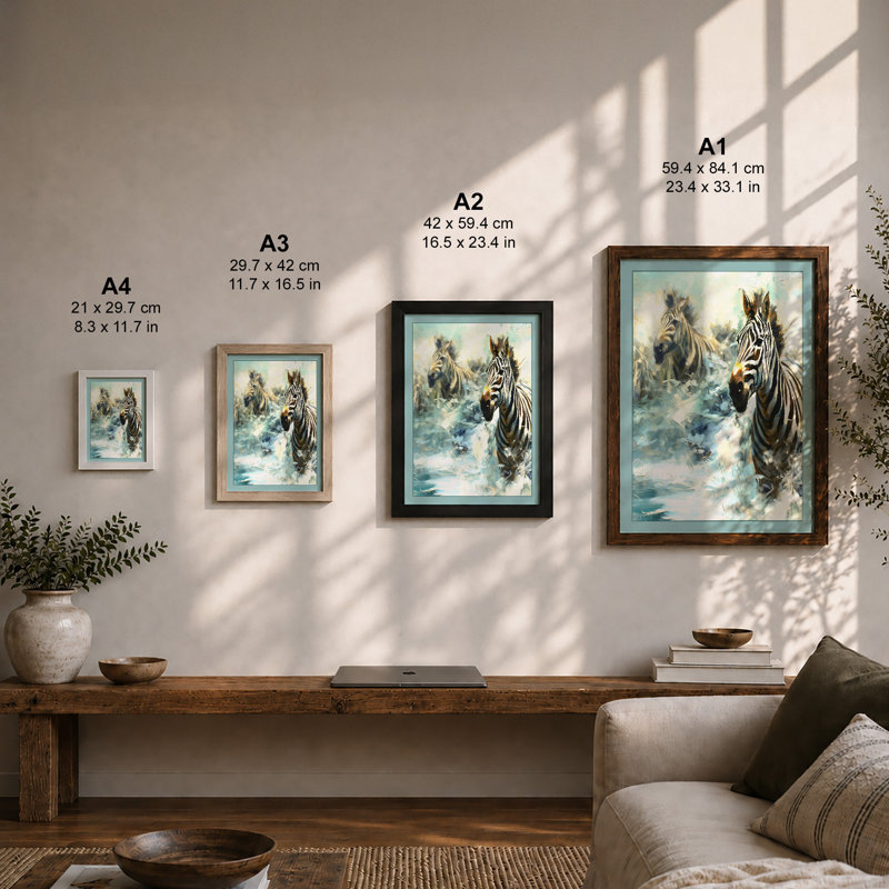 Zebras in Motion Modern 1 Piece Single Picture Frame Wall Art, A1 - 84.1 x 59.4 cm, Oak