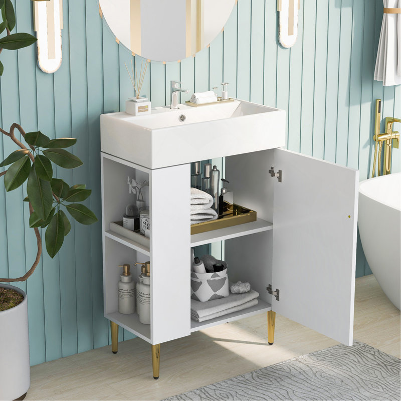 Meuble-lavabo blanc de 21,6 po, armoire combinée, meuble de rangement pour salle de bain, lavabo simple en céramique, rangement à gauche