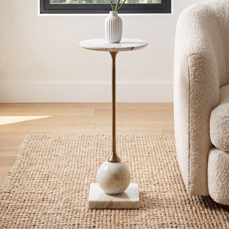 Brunson Pedestal Base Marble Top End Table with Sculptural Round Silhouette for Indoor and Outdoor Accent Decor
