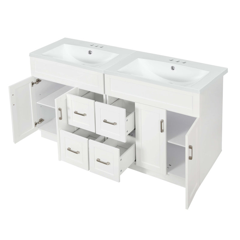 Meuble-lavabo de 60 po avec 4 portes d'armoire, 4 tiroirs, 2 tablettes réglables, deux lavabos en résine SMC, des tiroirs cachés à fermeture en douceur et des charnières à fermeture en douceur