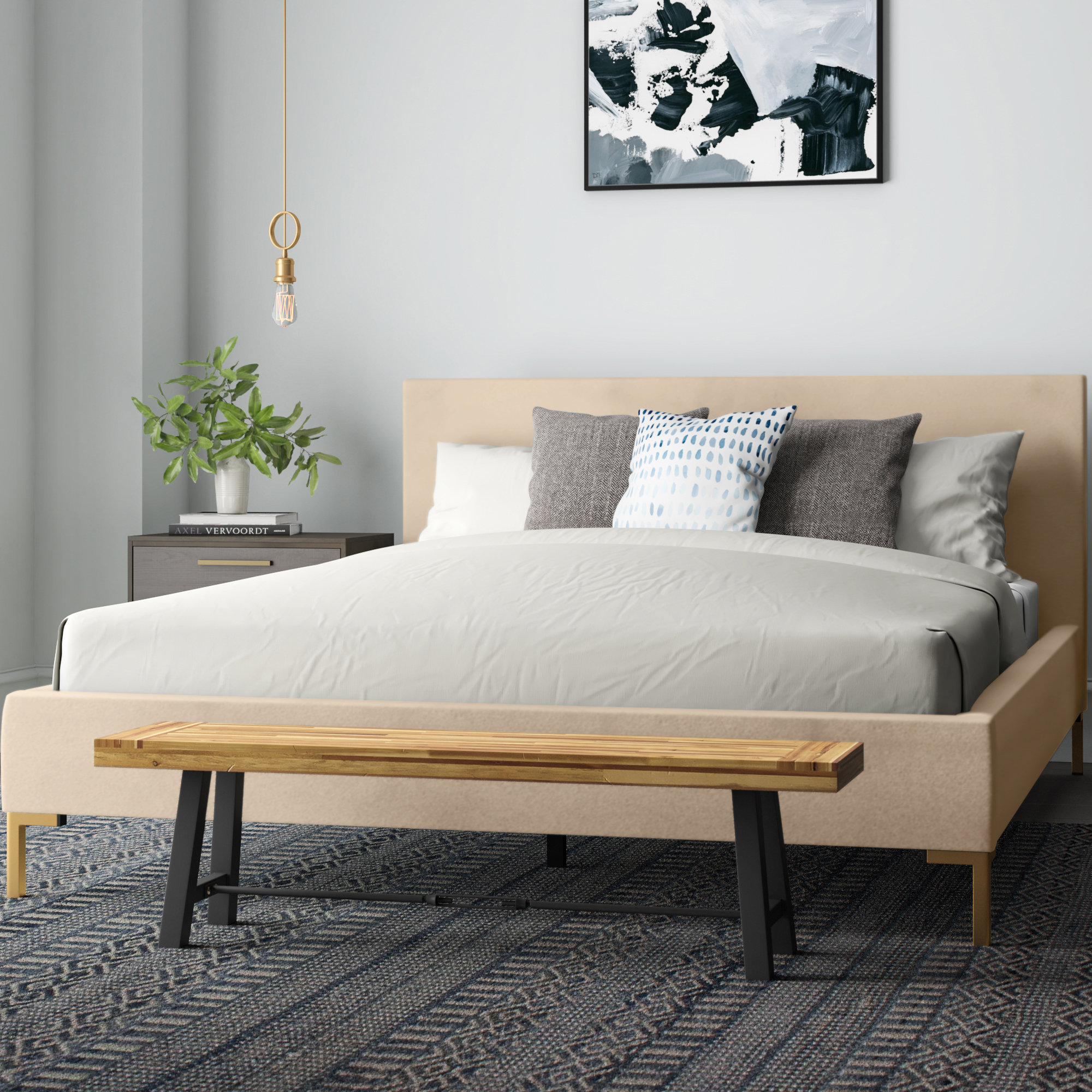 Rand Upholstered Bed, California King, Classic Pearl Performance Velvet, Brass