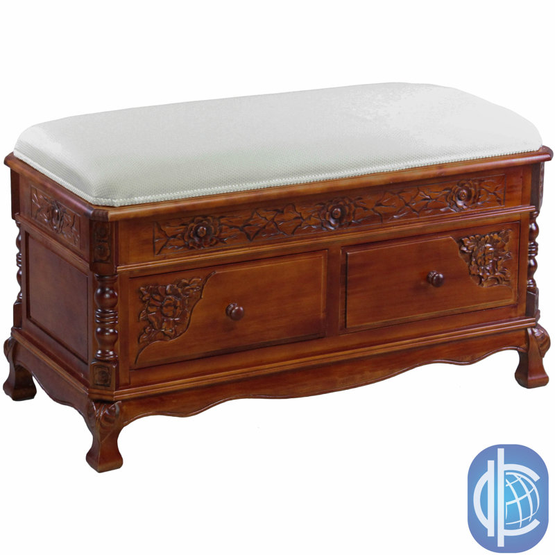 International Caravan Windsor Carved Wood Two-drawer Storage Bench with Cushioned Top - Walnut International Caravan Windsor Carved Wood Two-drawer Storage Bench with Cushioned Top - Walnut