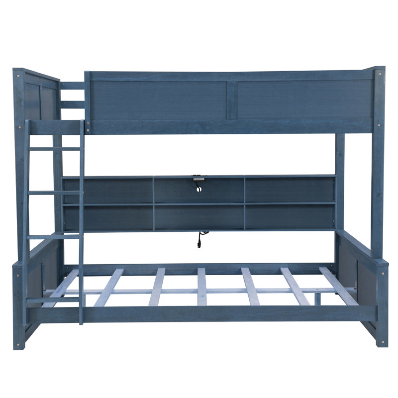 Lit superposé double au-dessus de grand lit double en bois massif avec tablettes, Bleu