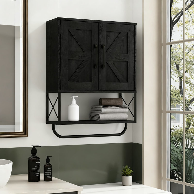 Farmhouse Medicine Cabinet With Barn Doors, Wall Mounted Storage Cabinet With Adjustable Shelf And Towel Bar, 3-Tier Bathroom Organizer For Living Room And Bathroom