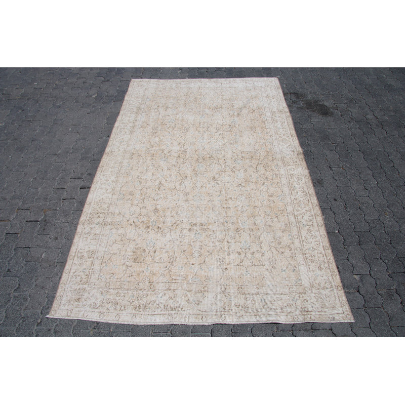 Tapis turc Oushak fait à la main en beige rétro pour un élégant salon en laine de style antique