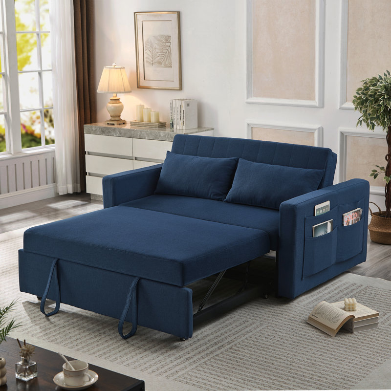 Lateresa 54'' Small Loveseat Pull-Out Sofa Bed - Adjustable Backrest With 2 Soft Pillows, Navy Blue