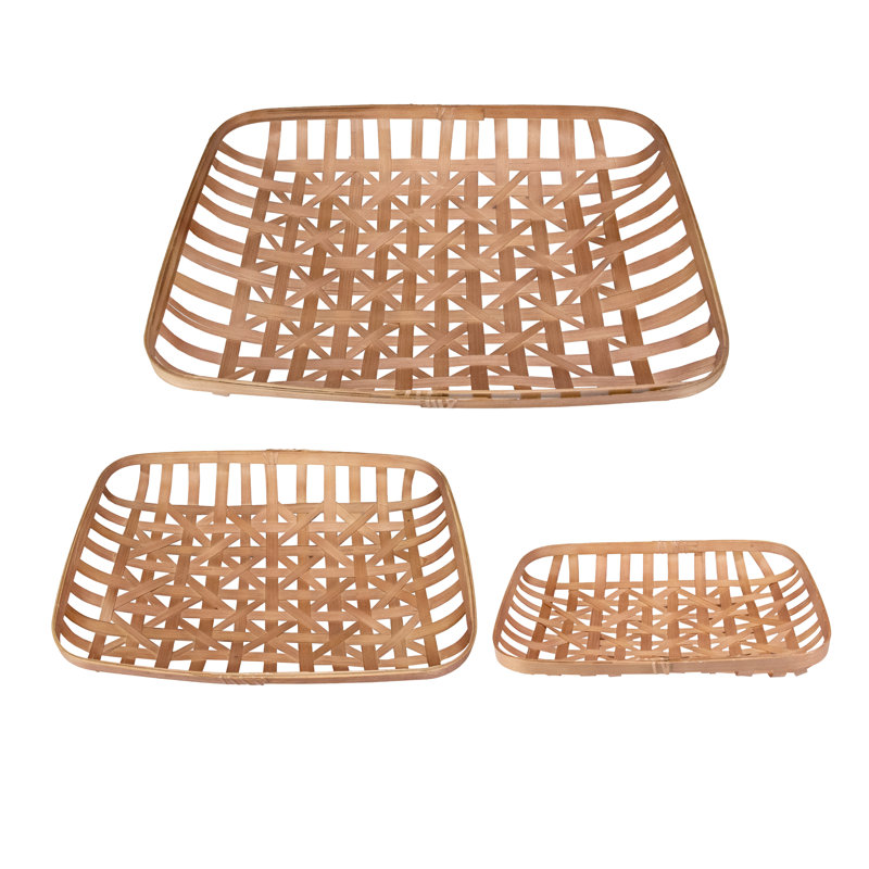 Set Of 3 Brown Rectangular Lattice Tobacco Table Top Baskets, Brown