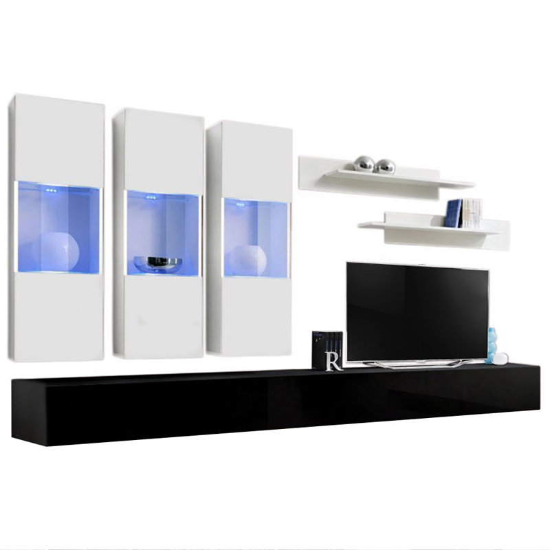 Nardi 126" Modern Floating Wall Mounted Entertainment Center with 16-Color LED Lighting, High Gloss Finish, White/Black