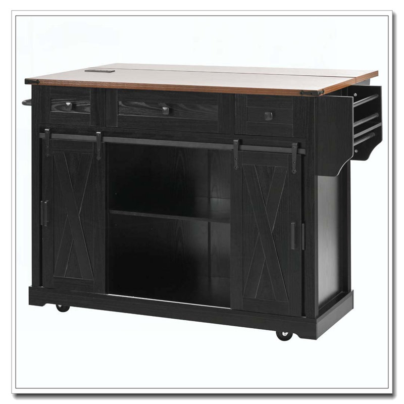 58" Farmhouse Kitchen Island With Storage, Sliding Barn Door & Metal Grid Side Door, Rolling Kitchen Island On 5 Wheels With Spice Rack