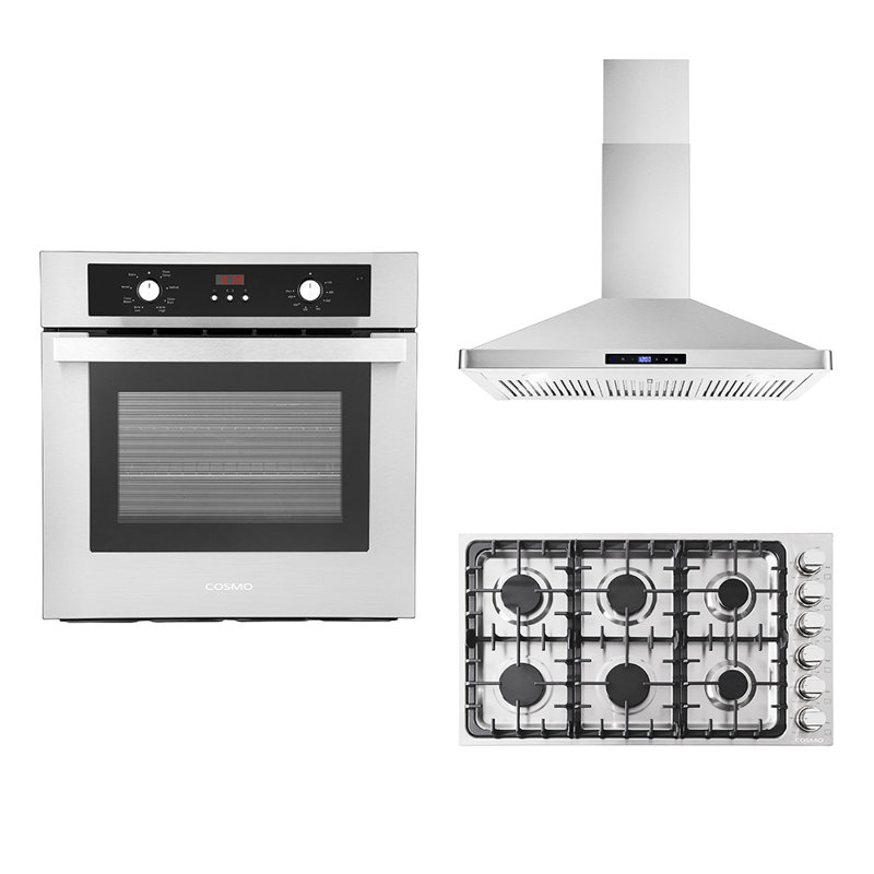 Cosmo 3 Piece Kitchen Appliance Package with 36'' Cooktop Wall Mount Range Hood
