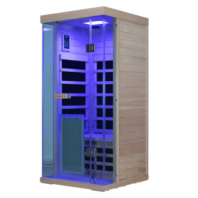 Sauna d'intérieur infrarouge lointain Wizzisaunas pour 1 personne avec thérapie par la lumière rouge et bleue, 1450 W / 120 V, température maximale de 158 ° F, contrôle de température à distance via l'application, bois de pruche, porte en verre trempé, haut-parleur Bluetooth intégré, assemblage facile