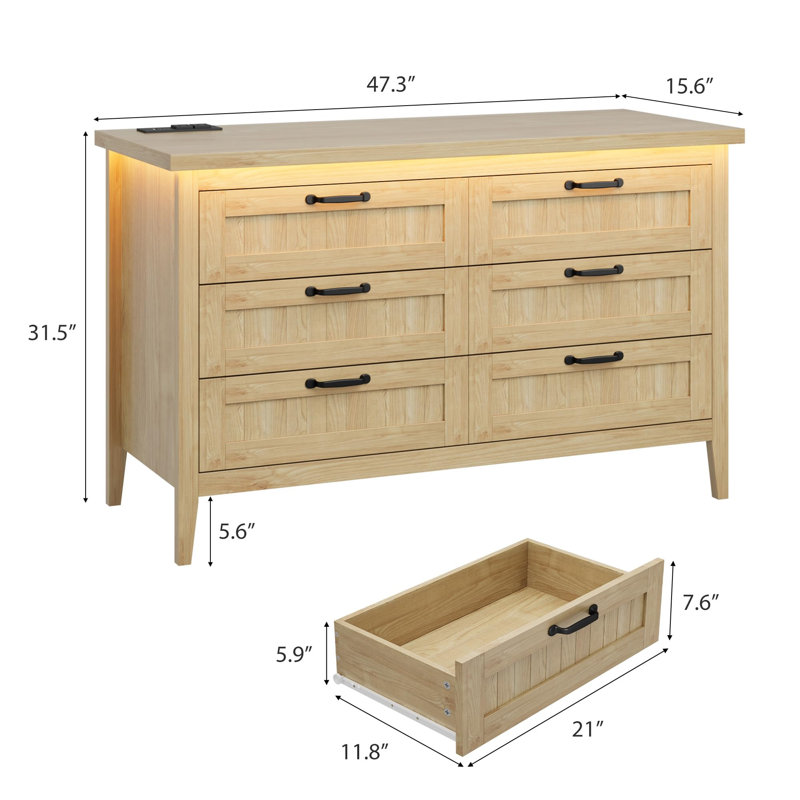 Farmhouse Drawer Dresser with Charging Station & LED Lights, Slim Wooden Bedroom Dresser, Natural/6 draws