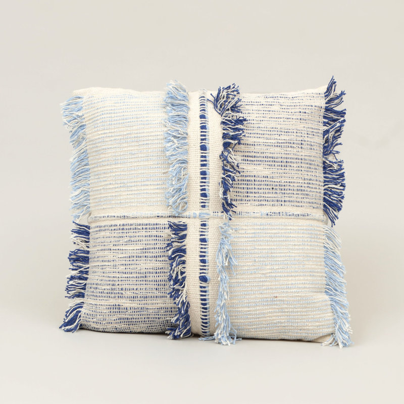 Coussin décoratif en coton à franges bleues avec garniture en polyester, tissu texturé tissé, 45,7 cm x 45,7 cm