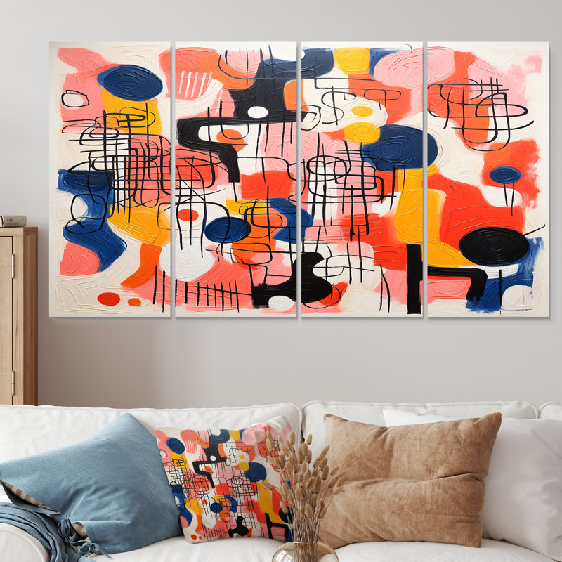 Colourful Crayon Art Minimal Retro Red - Abstract Wall Art 4 Piece, 28" H x 48" W