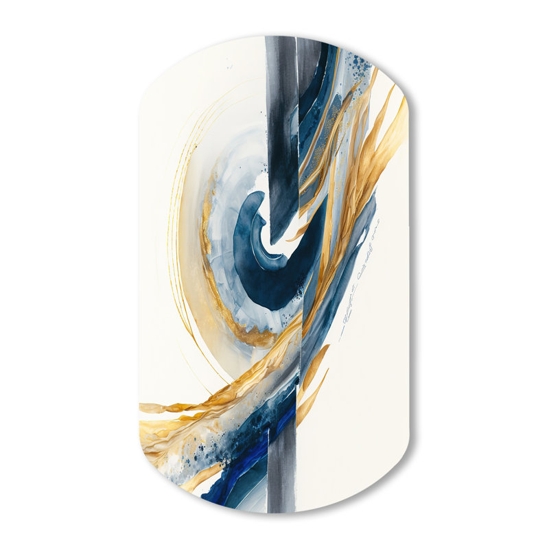 «Blue and Gold Swirl Abstract V - Abstract Spirals», impression murale en métal asymétrique, H 43 po x l 23 po x P 1 po