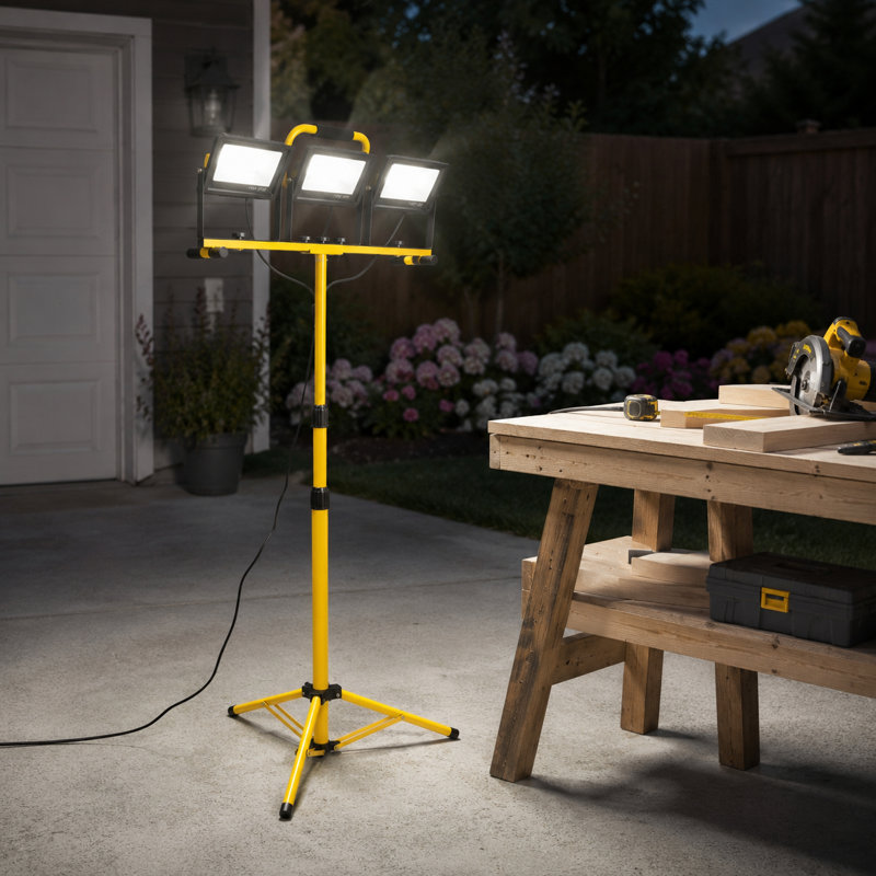 3 lumières de travail à DEL à 3 têtes avec support, lampe imperméable avec interrupteur individuel, lampe trépied télescopique en métal réglable pour l'extérieur / l'intérieur