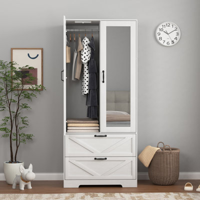 Armoire 2 portes en bois avec tringle, 2 tiroirs, lampe à induction et miroir