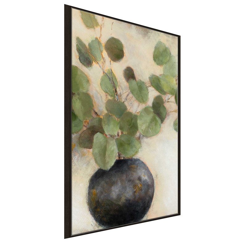 «Eucalyptus Leaves in Black Vase» par Lanie Loreth - peinture sur toile à cadre flottant, L 39,5 po x H 63,5 po