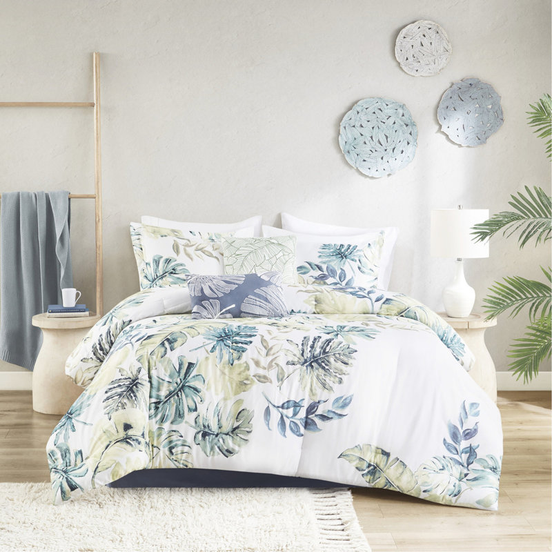 Édredon 6 pièces en coton avec motif de plantes tropicales envoûtantes, Édredon très grand californien et 5 pièces supp