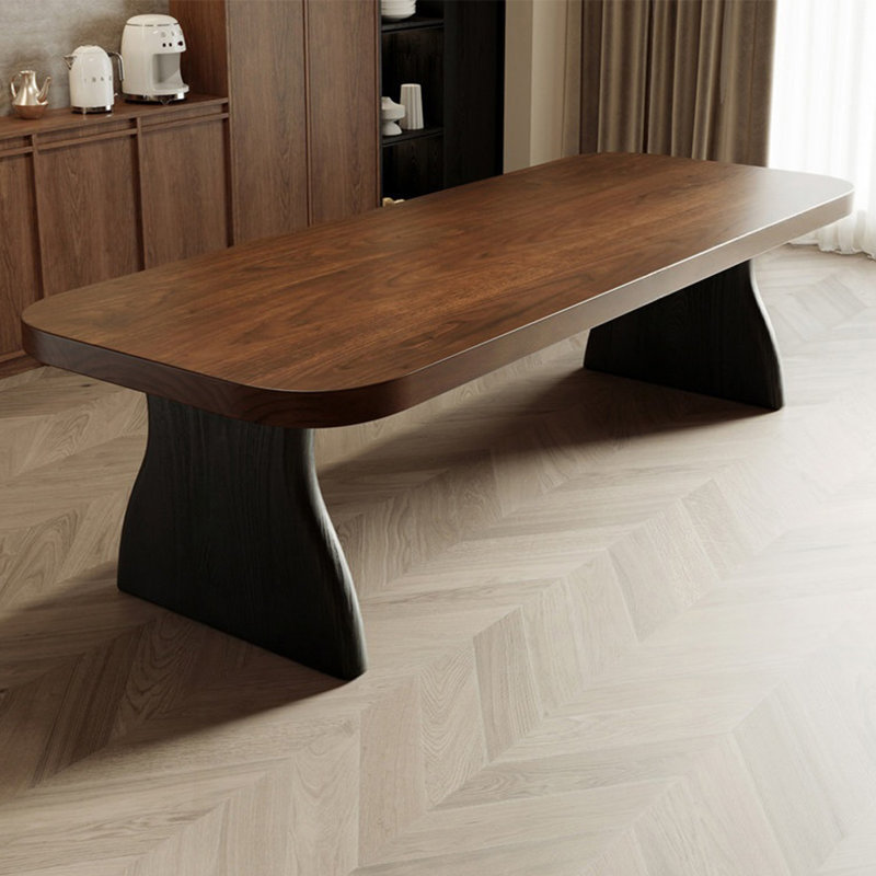 Nut-brown+Black Rectangular Solid Wood Dining Table, 29.53"H×78.74"L×31.50"W