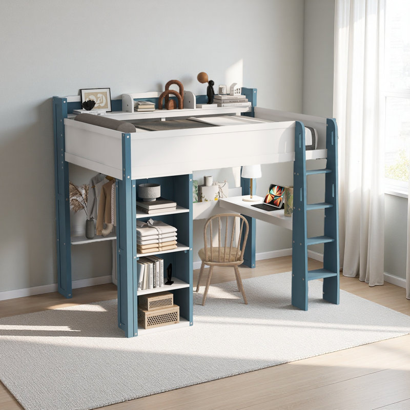 Lit mezzanine double en bois avec tablettes de rangement intégrées, portemanteaux et bureau, Bleu