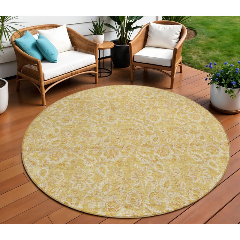 Tapis d'intérieur rond lavable floral 8 pi doré et blé
