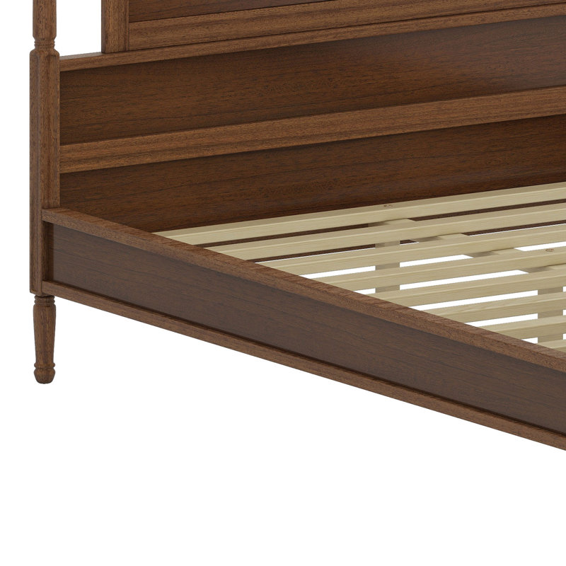 Lit plateforme en bois de style campagnard avec tête de lit arquée et colonnes, Noyer