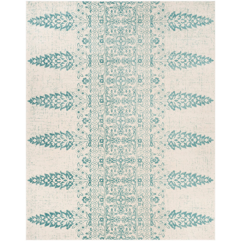 Annette Damask Ivory/Teal Area Rug, Rectangle 9' x 12'